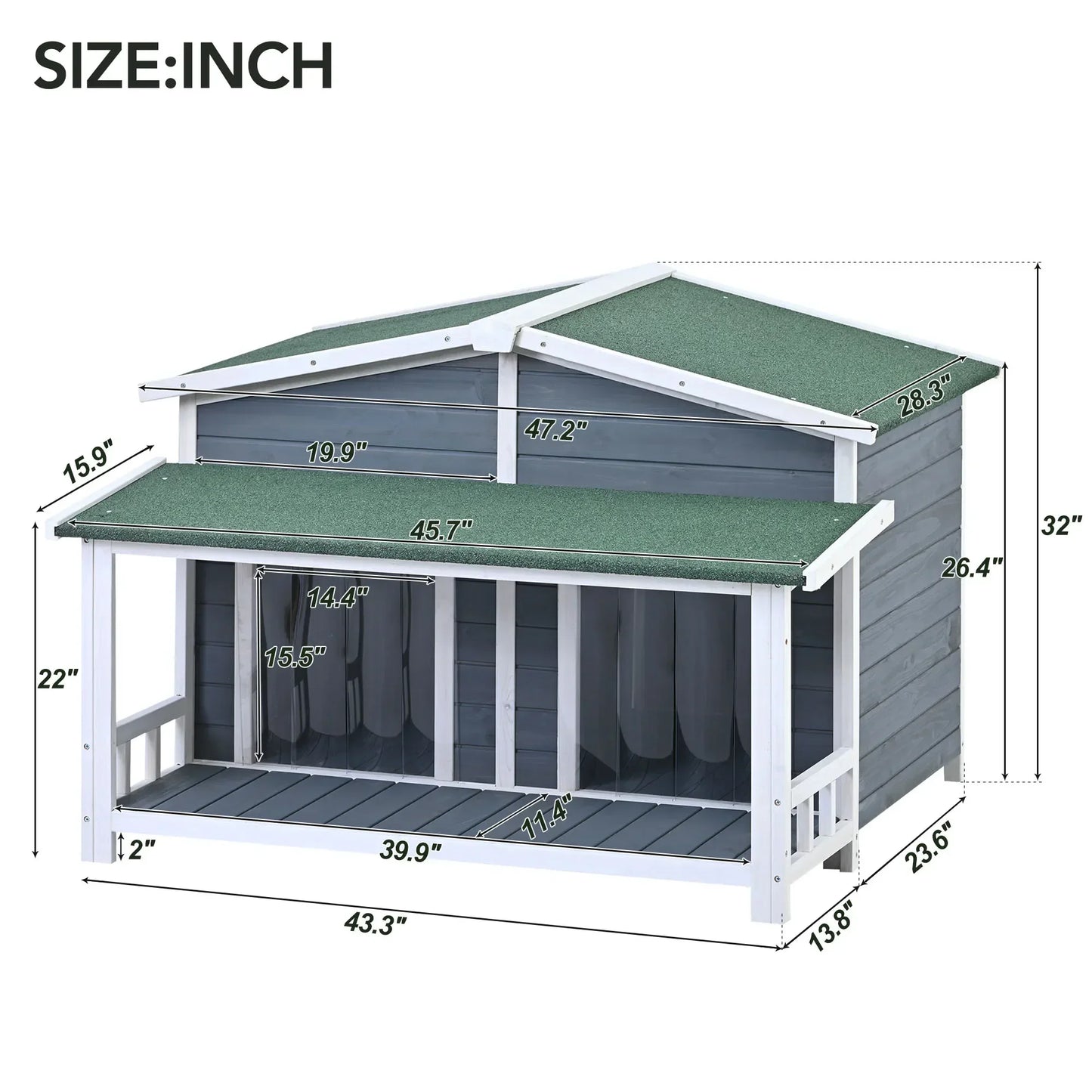 Outdoor & Indoor Dog house - cabin Style with Porch & dual Doors.