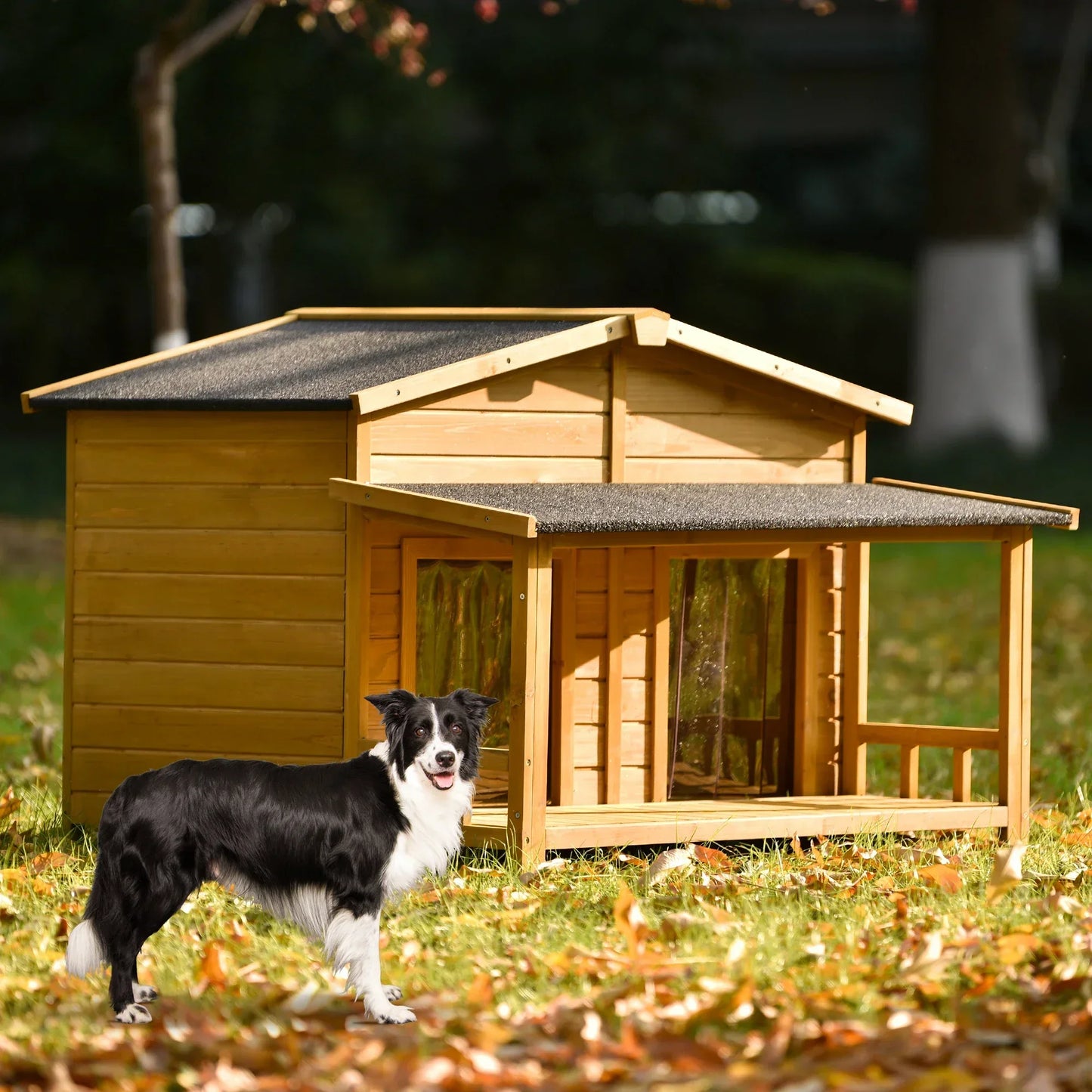 Outdoor & Indoor Dog house - cabin Style with Porch & dual Doors.
