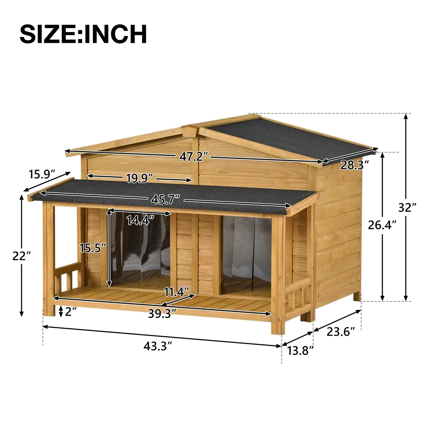 Outdoor & Indoor Dog house - cabin Style with Porch & dual Doors.
