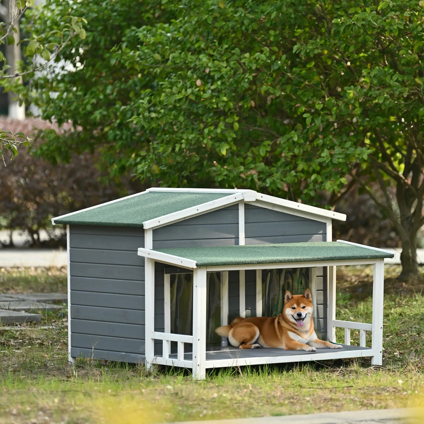 Outdoor & Indoor Dog house - cabin Style with Porch & dual Doors.