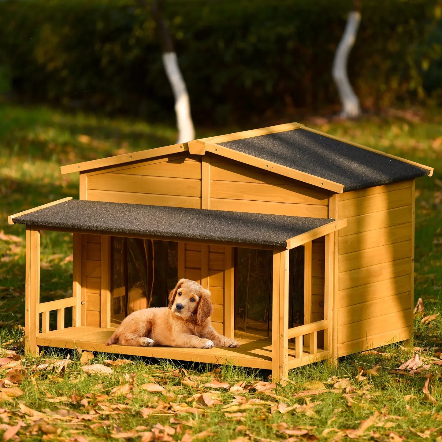 Outdoor & Indoor Dog house - cabin Style with Porch & dual Doors.
