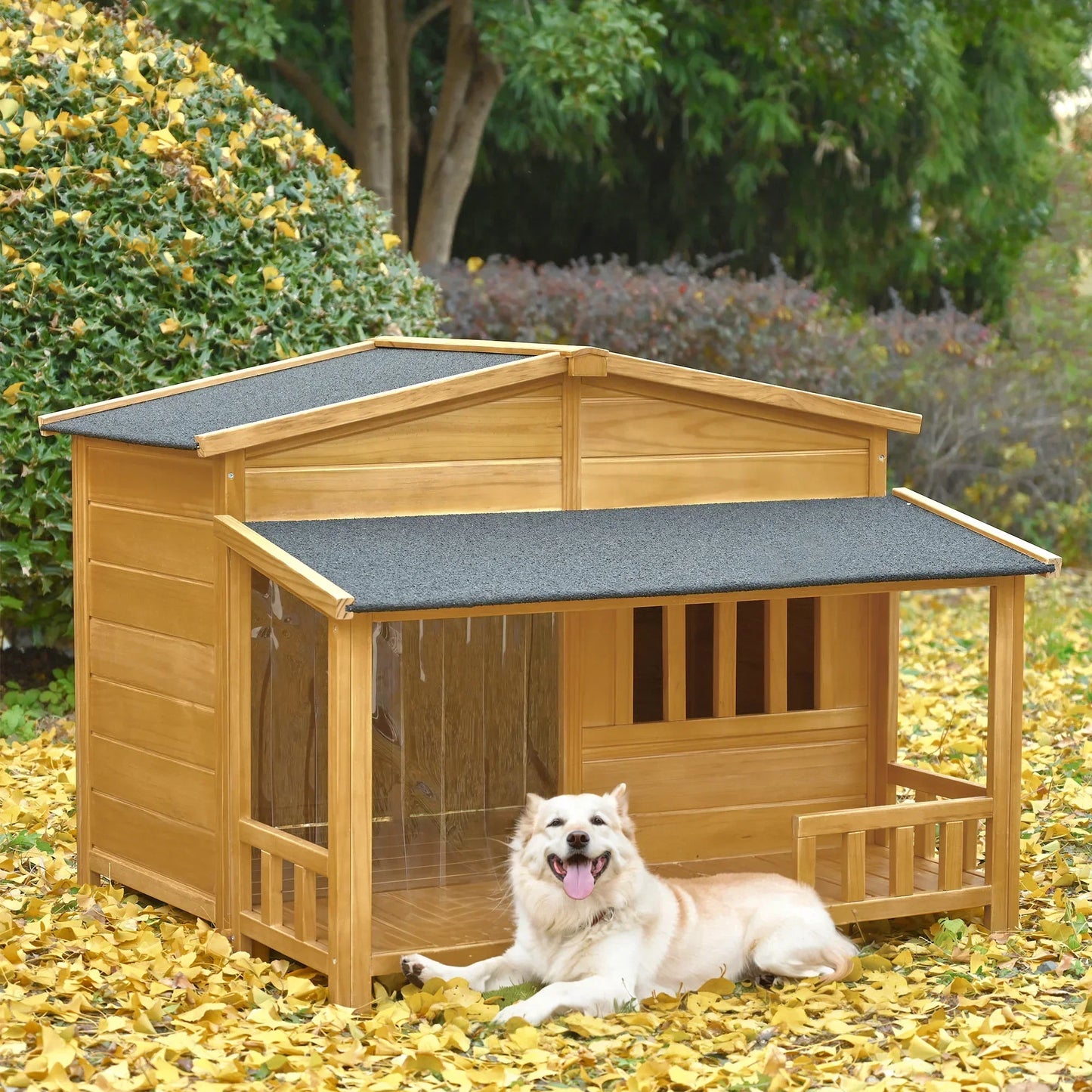 Outdoor & Indoor Dog house - cabin Style with Porch & dual Doors.