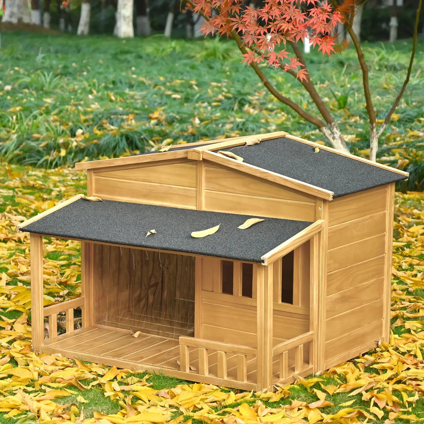 Outdoor & Indoor Dog house - cabin Style with Porch & dual Doors.