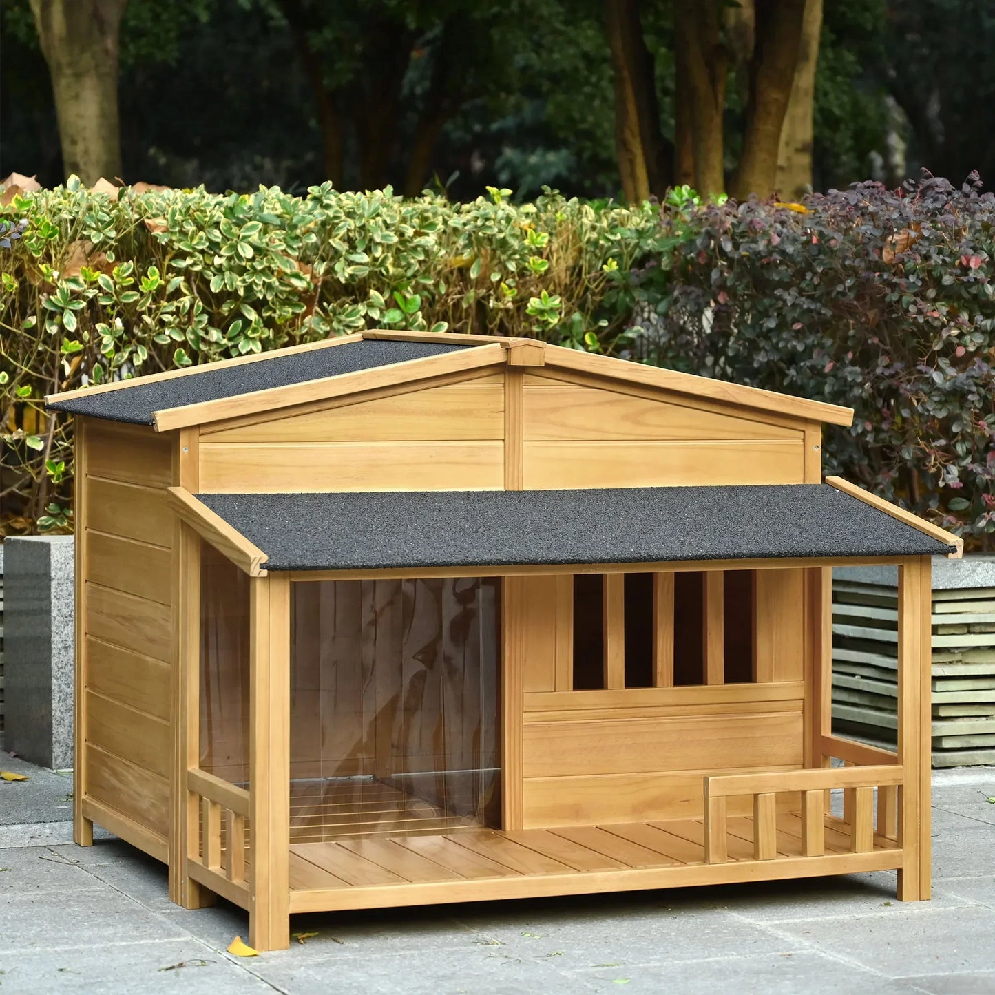 Outdoor & Indoor Dog house - cabin Style with Porch & dual Doors.