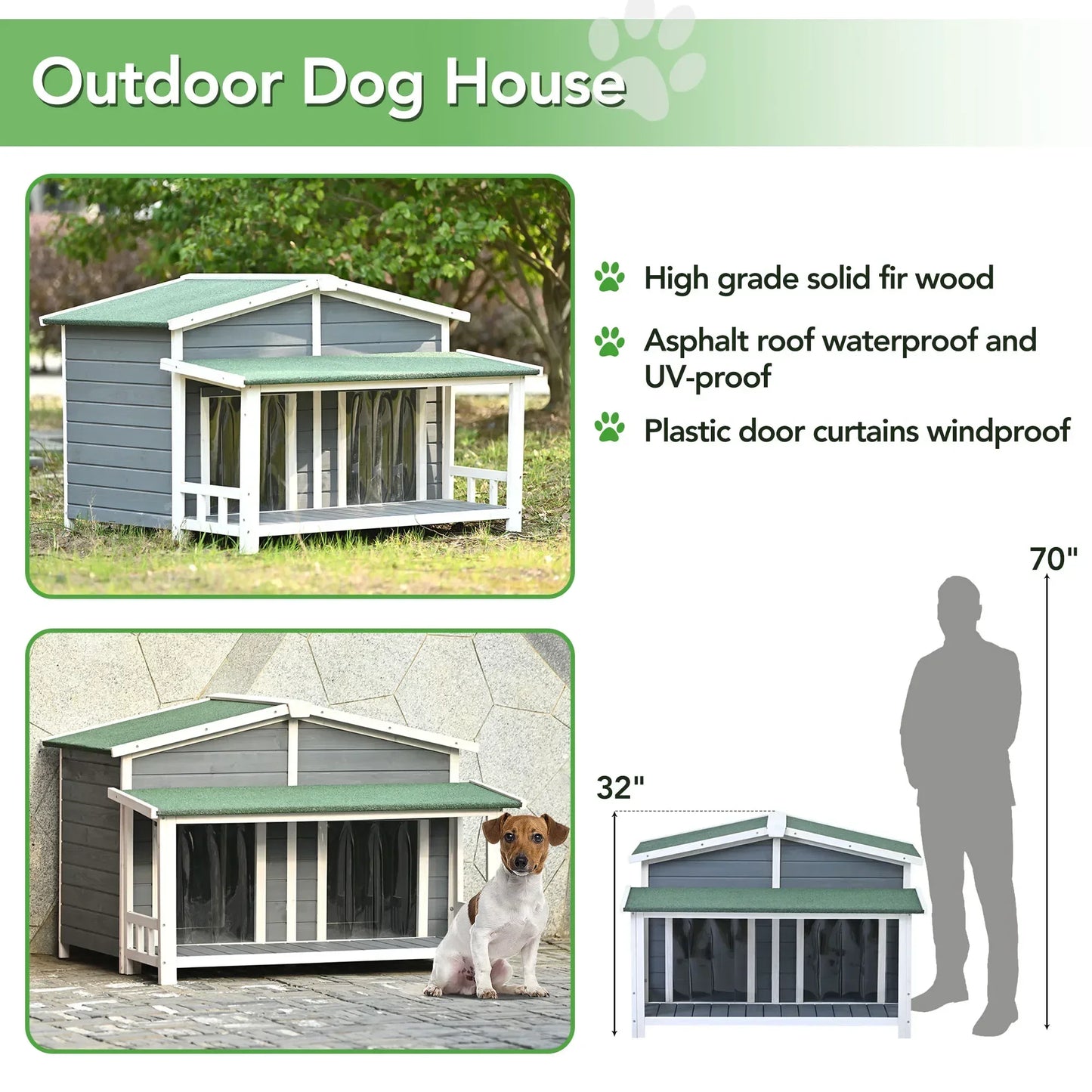 Outdoor & Indoor Dog house - cabin Style with Porch & dual Doors.